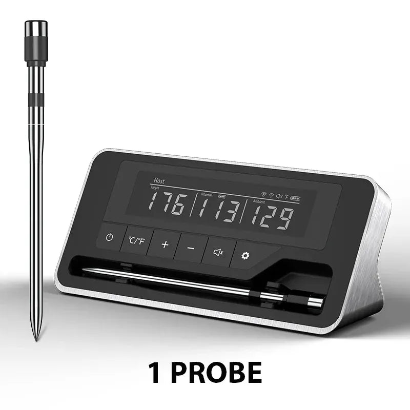Digital thermometer with probe on a white background