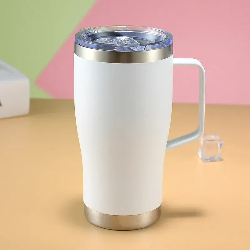 White insulated mug with a handle on a colorful background