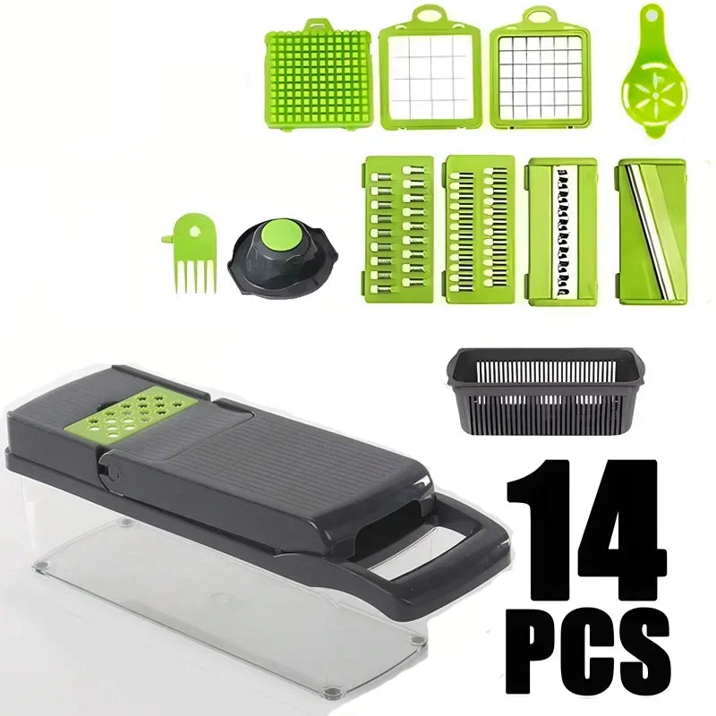 Vegetable chopper set with various attachments on a white background