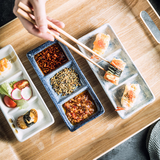 Japanese Three-Compartment Ceramic Seasoning Dish – Dipping Sauce Plate for Kitchen