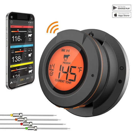 Digital meat thermometer with app on smartphone and probes on a white background