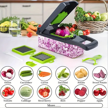 Multifunctional vegetable chopper with various attachments on a kitchen counter, surrounded by chopped vegetables.
