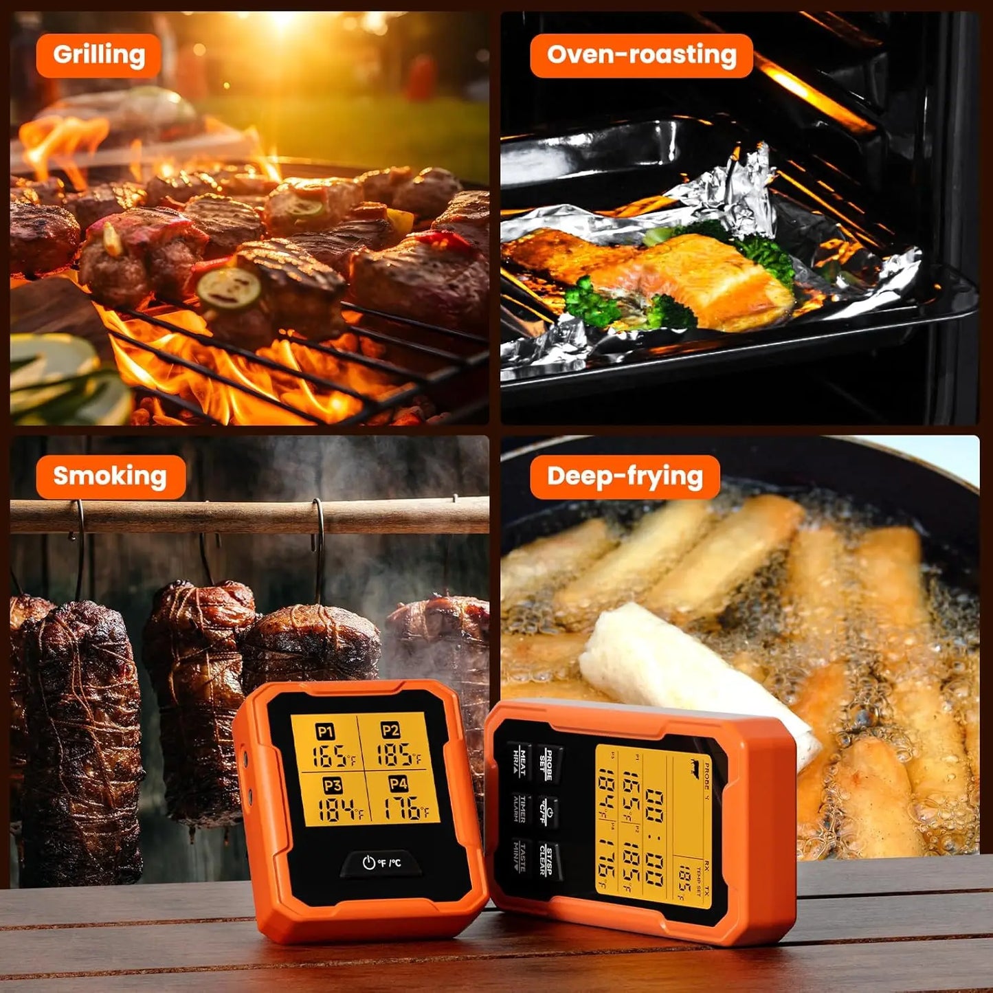 Digital meat thermometers being used in grilling, oven-roasting, smoking, and deep-frying with corresponding food images.