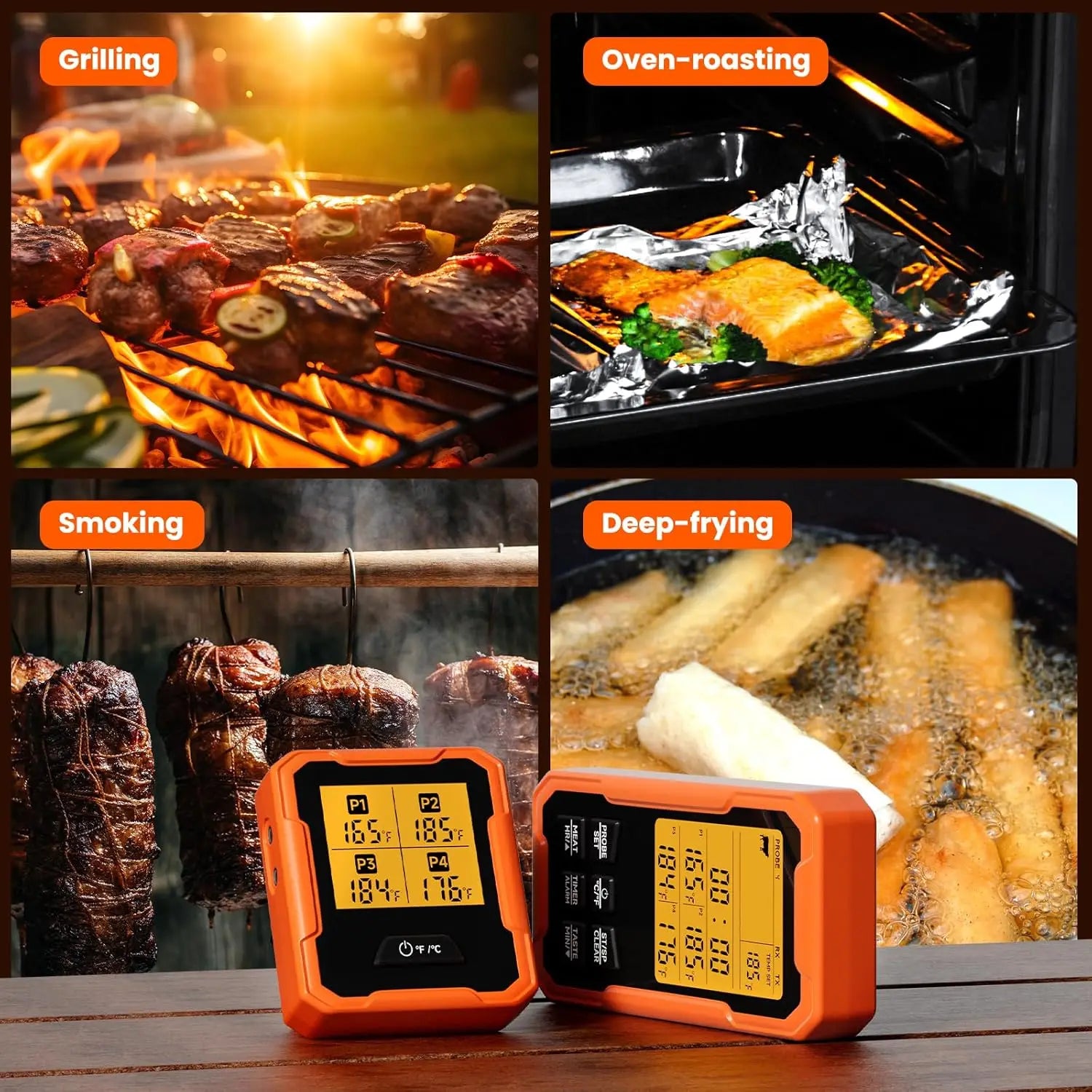 Digital meat thermometers being used in grilling, oven-roasting, smoking, and deep-frying with corresponding food images.