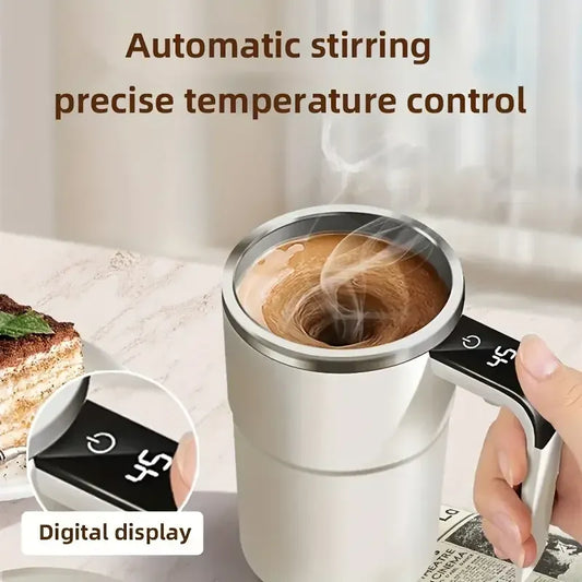Stirring cup with digital display and text about automatic stirring and precise temperature control.