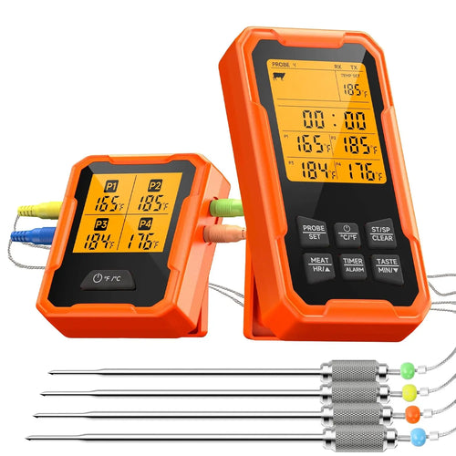 Two orange digital meat thermometers with probes on a white background