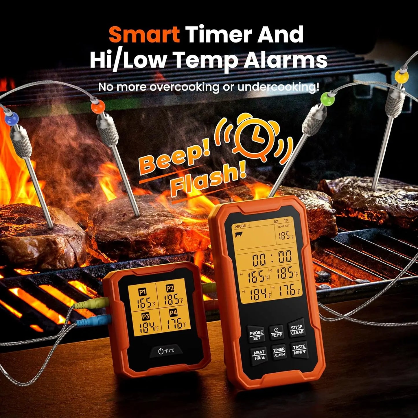 Smart timer and temperature probes on a grill with flames and cooking meat, emphasizing temperature monitoring.