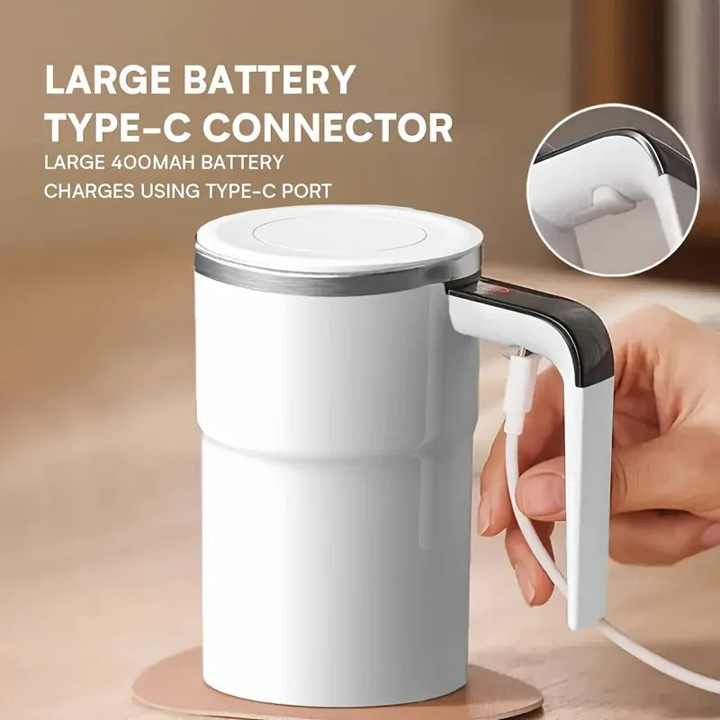 White electric mug with Type-C connector being charged, on a wooden surface.