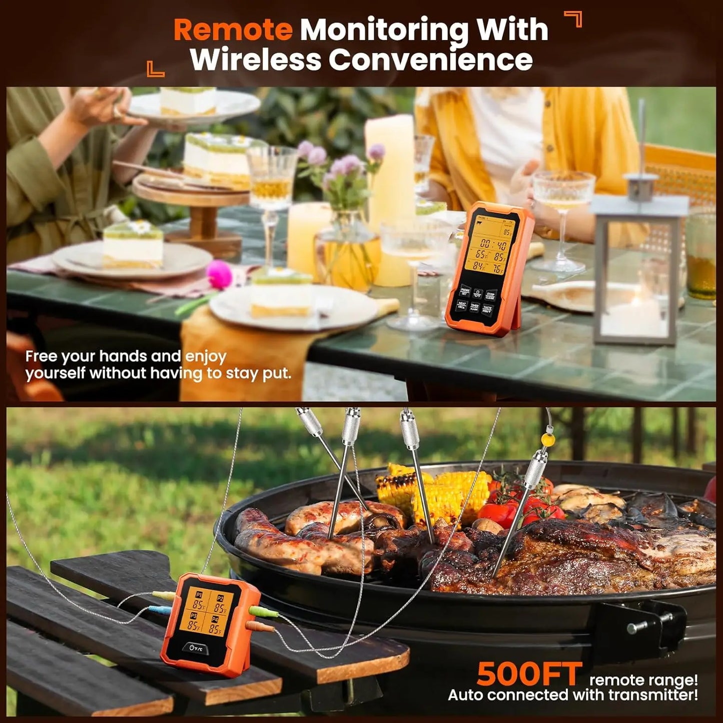 Outdoor setting with people dining and a digital thermometer monitoring grill food, emphasizing remote monitoring and wireless convenience.