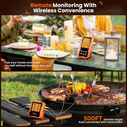 Outdoor setting with people dining and a digital thermometer monitoring grill food, emphasizing remote monitoring and wireless convenience.