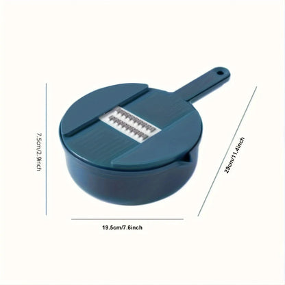 Blue kitchen slicer with dimensions on a white background