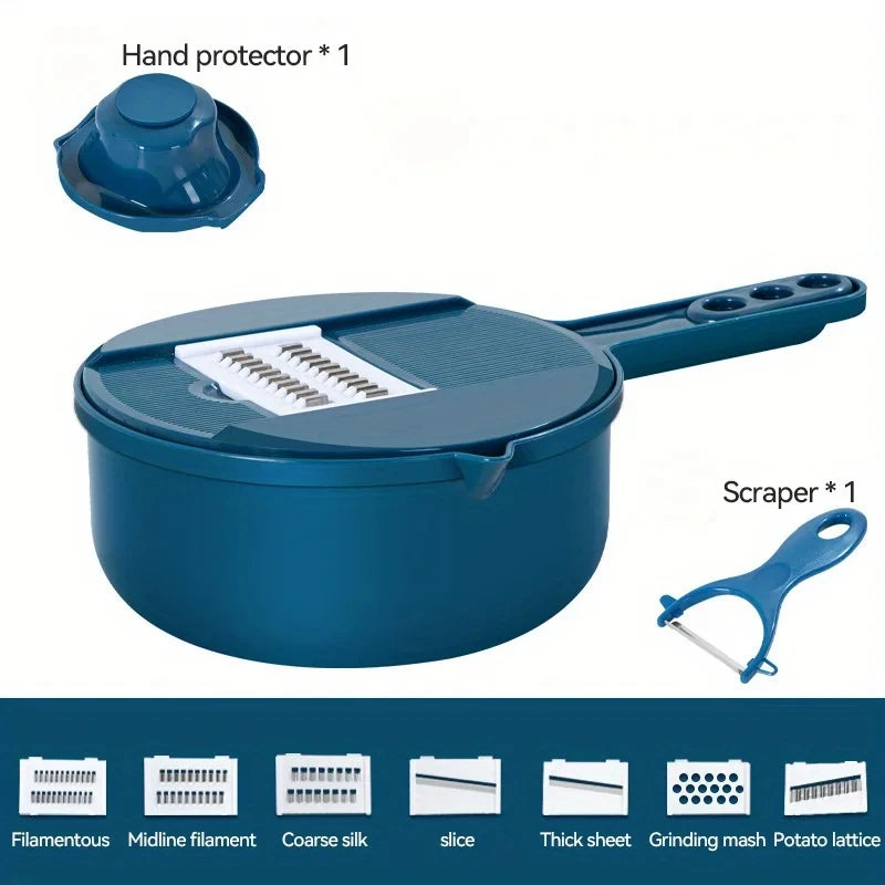 Blue kitchen tool set with a container, hand protector, and scraper on a white background.