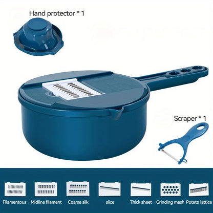 Blue kitchen tool set with a container, hand protector, and scraper on a white background.