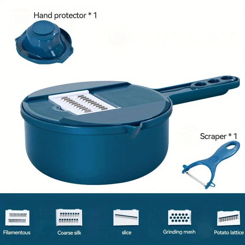 Blue kitchen tool set with hand protector and scraper on a white background
