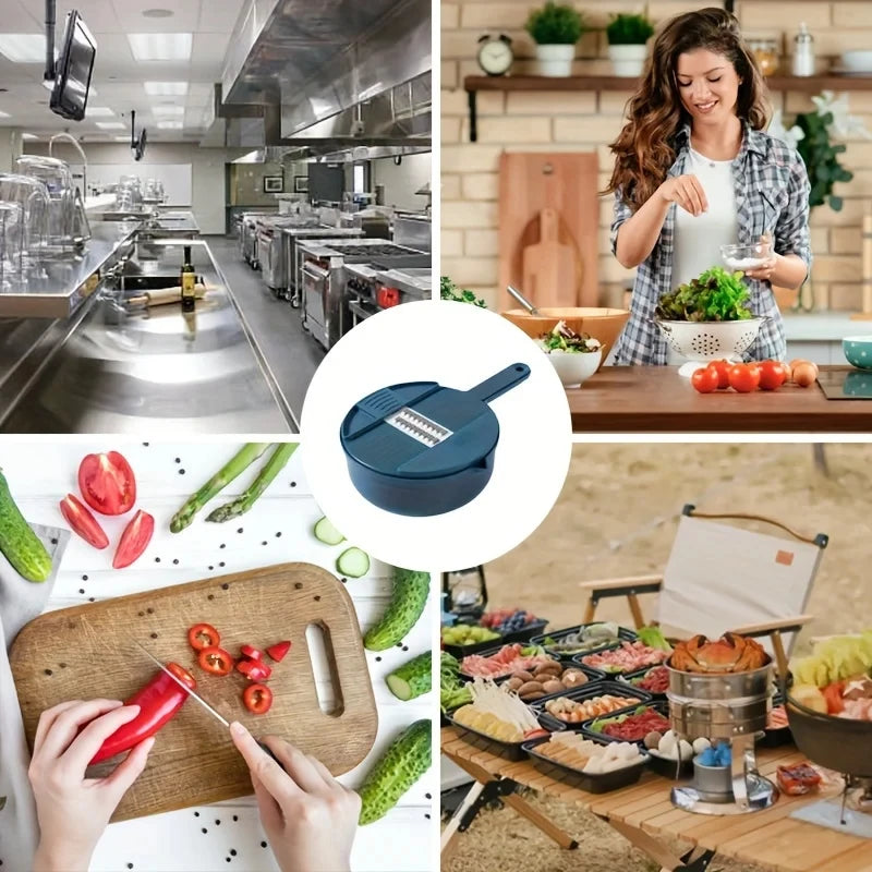 Collage of images including a kitchen, a person cooking, food preparation, and a cutting board.