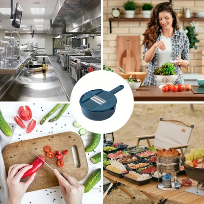 Collage of images including a kitchen, a person cooking, food preparation, and a cutting board.