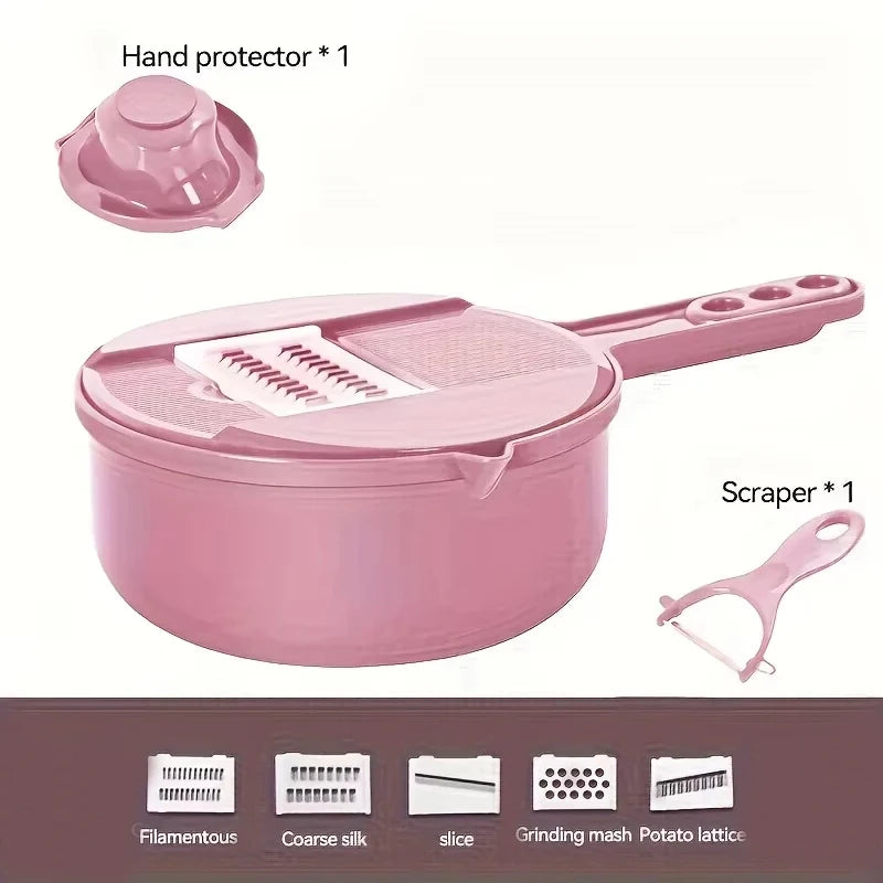 Pink kitchen tool set with hand protector and scraper on a white background
