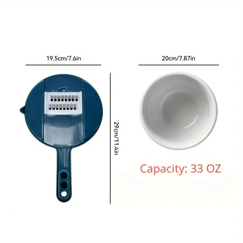 Measurement chart showing a blue hand grinder and a white bowl with dimensions and capacity details.