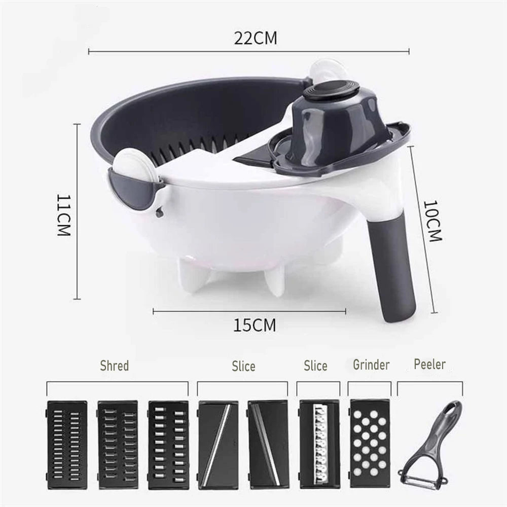 Multifunctional kitchen tool with dimensions and attachment options on a white background
