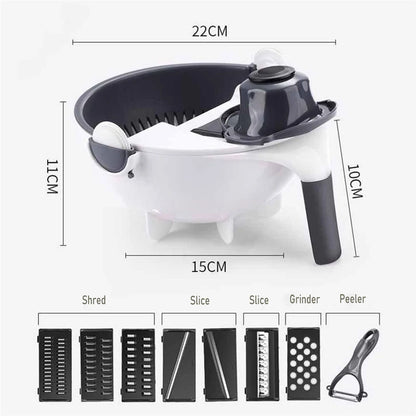 Multifunctional kitchen tool with dimensions and attachment options on a white background