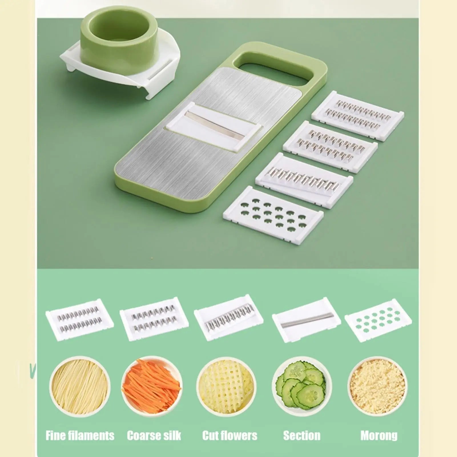 Multifunctional vegetable slicer with interchangeable blades on a green background