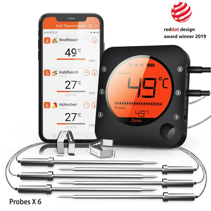 Digital thermometer with probes and smartphone app displaying temperature readings, featuring Red Dot Design Award logo.