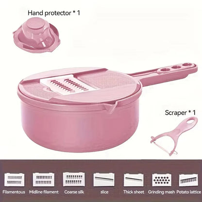 Pink kitchen tool set with hand protector and scraper on a white background