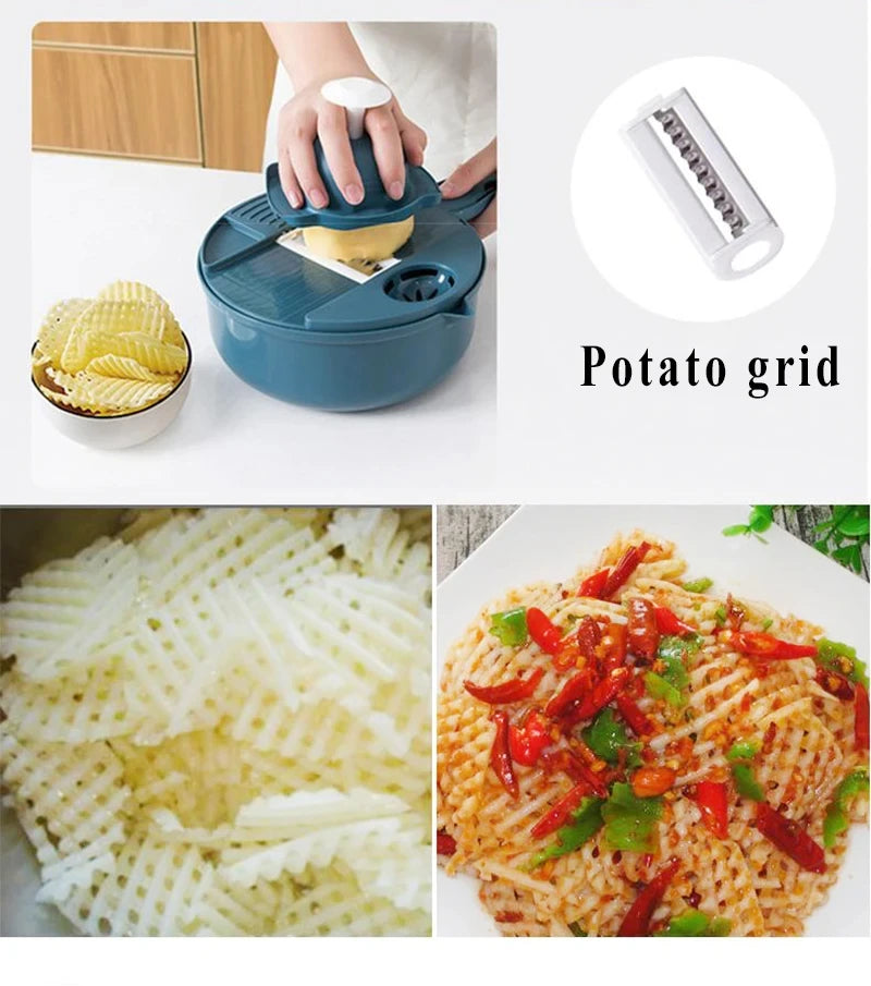 Potato grid slicer with sliced potatoes and a dish of salad on a white background
