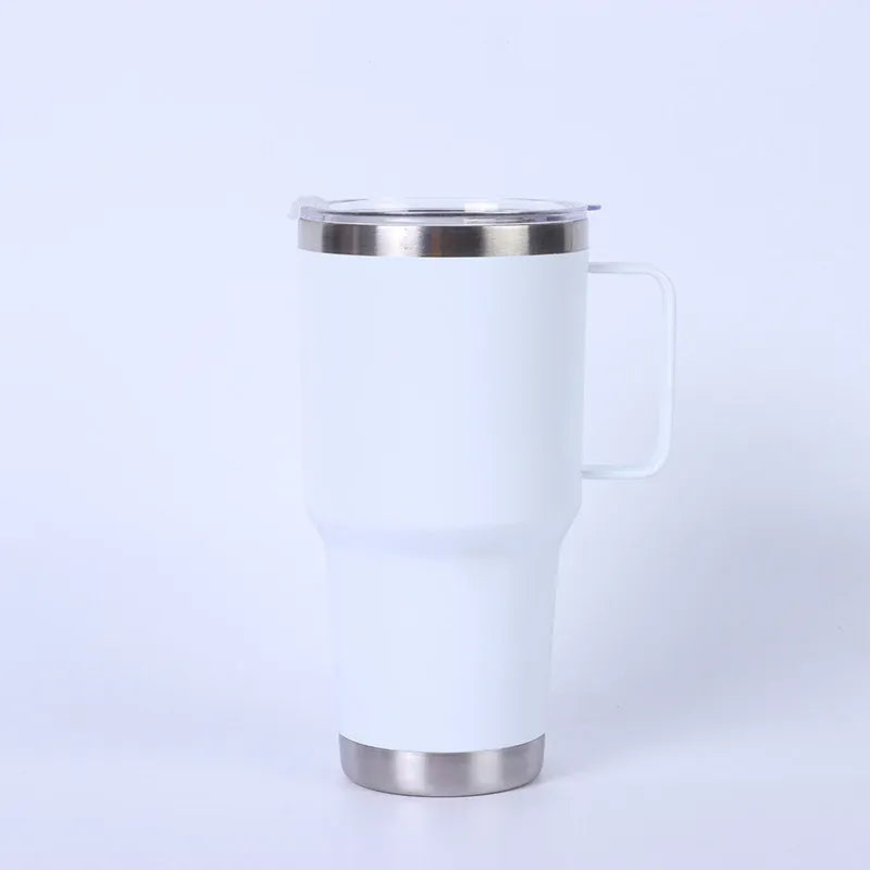 White insulated mug with silver lid and base on a white background