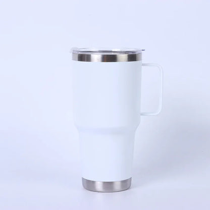 White insulated mug with silver lid and base on a white background