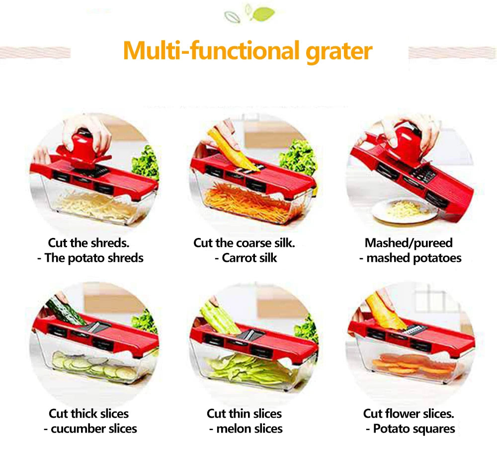 Multi-functional grater with various uses shown on a white background