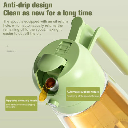 Green oil dispenser with text highlighting features on a light gray background