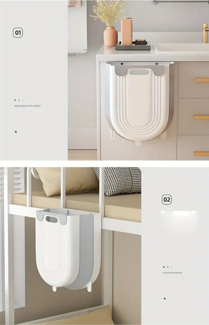 Space-Saving Wall-Mounted Folding Trash Can – Collapsible Kitchen Bin for Cabinet Doors.