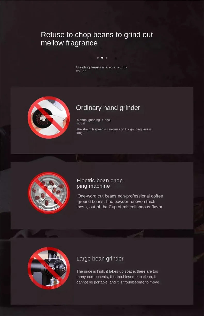 Diagram showing the pros and cons of different coffee bean grinders on a dark background.