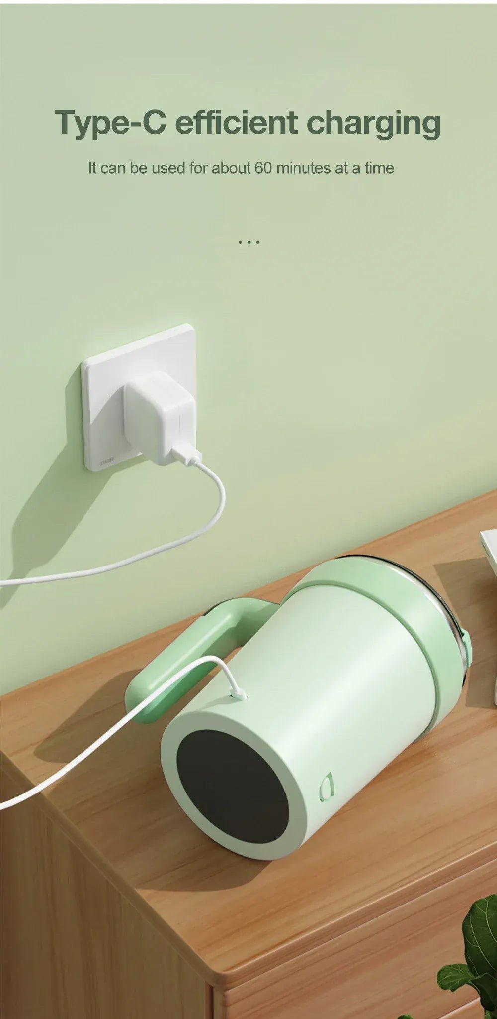 Green USB charging device on a wooden surface with text about Type-C efficient charging.