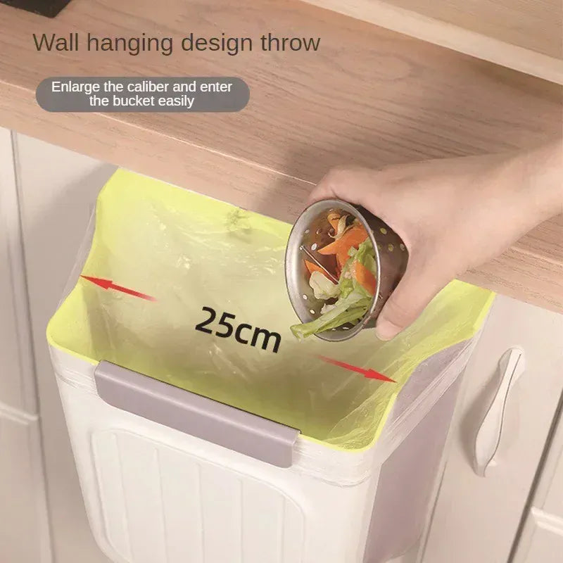 No-Bend Hanging Kitchen Trash Can – Foldable 9L Waste Bin for Cabinet Doors.