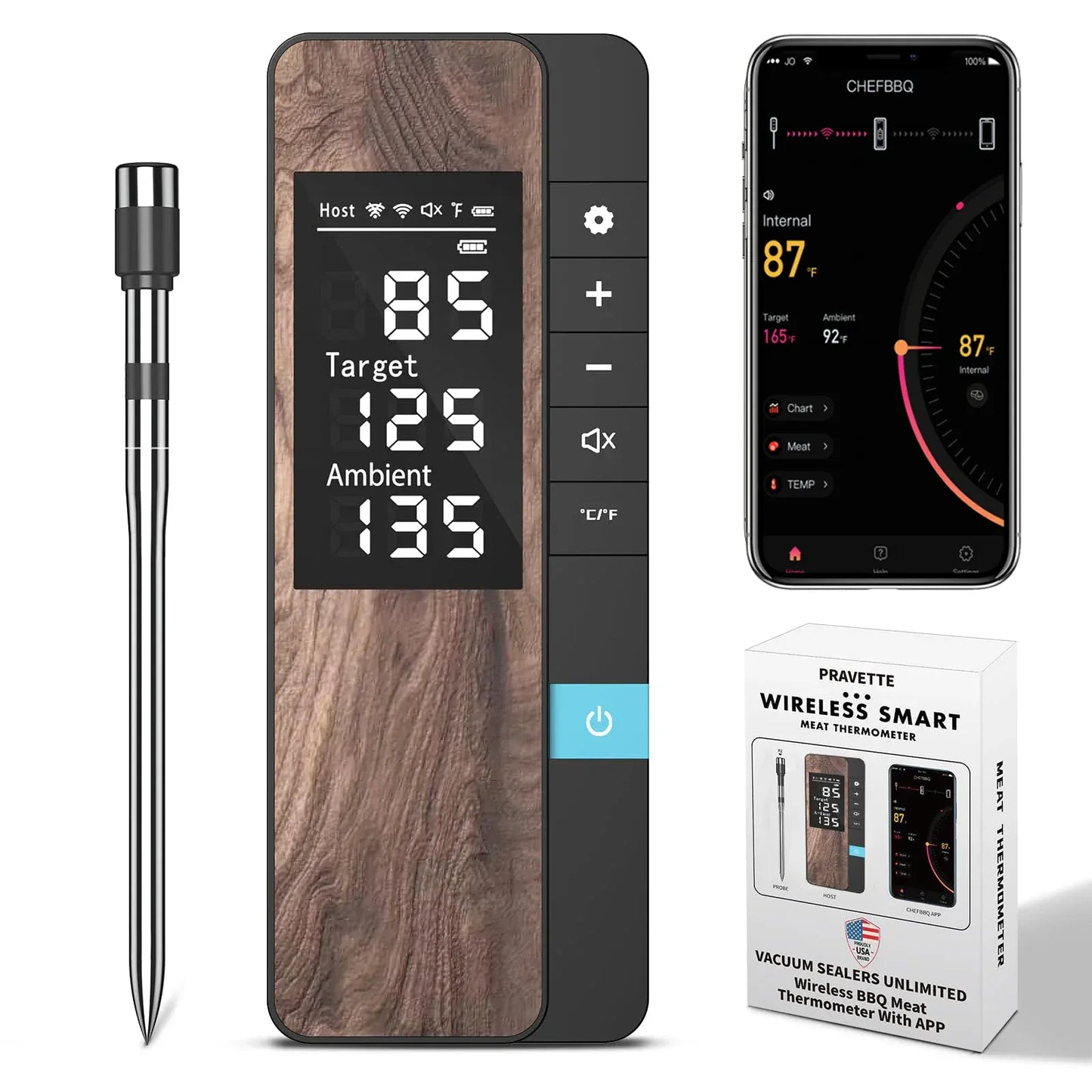 Digital thermometer with wooden finish, smartphone app, and packaging on a white background