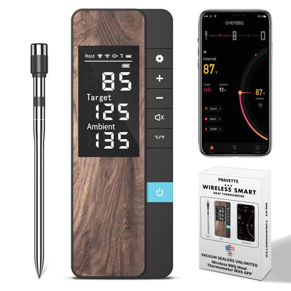 Digital thermometer with wooden finish, smartphone app, and packaging on a white background