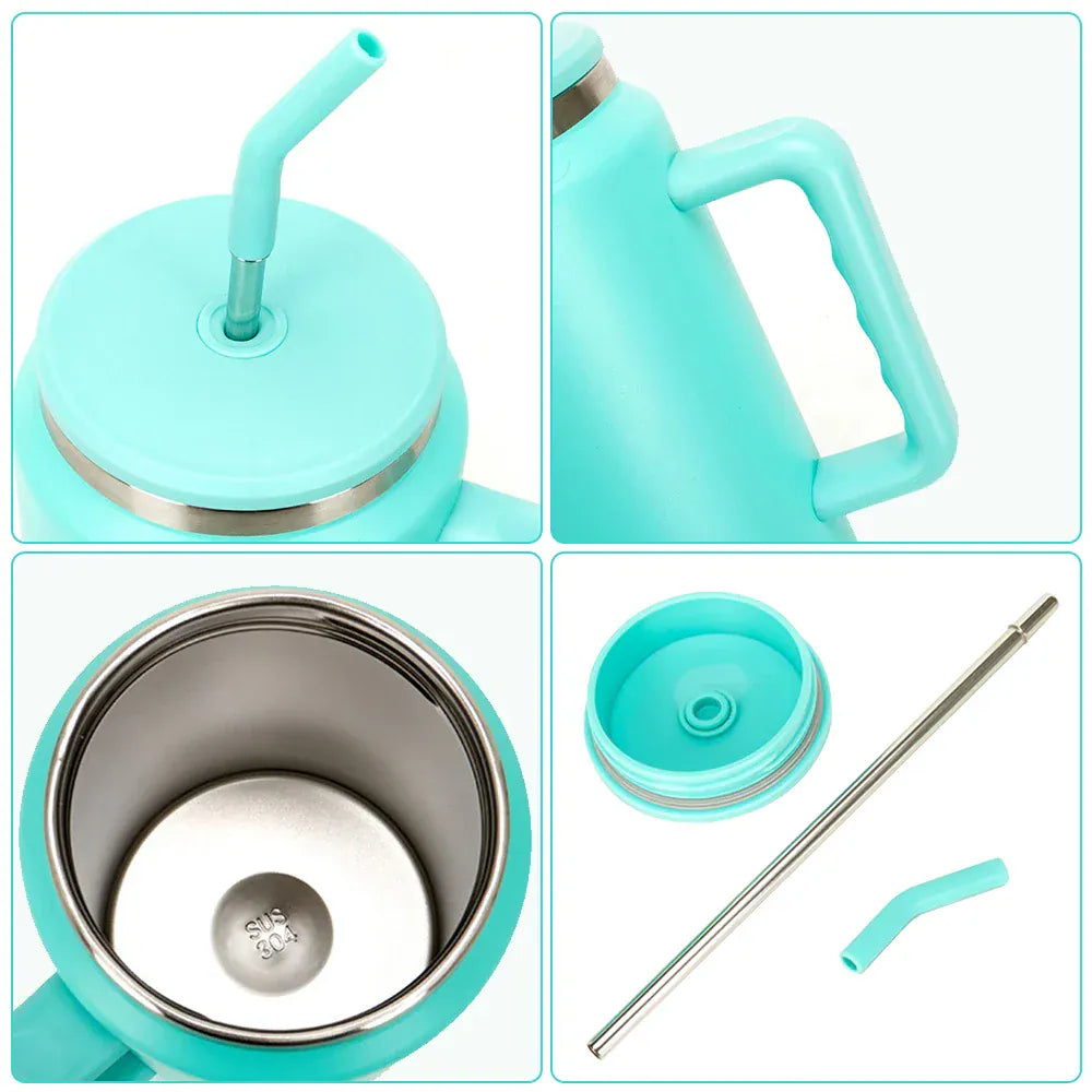 Collage of a turquoise insulated tumbler with various components on a white background