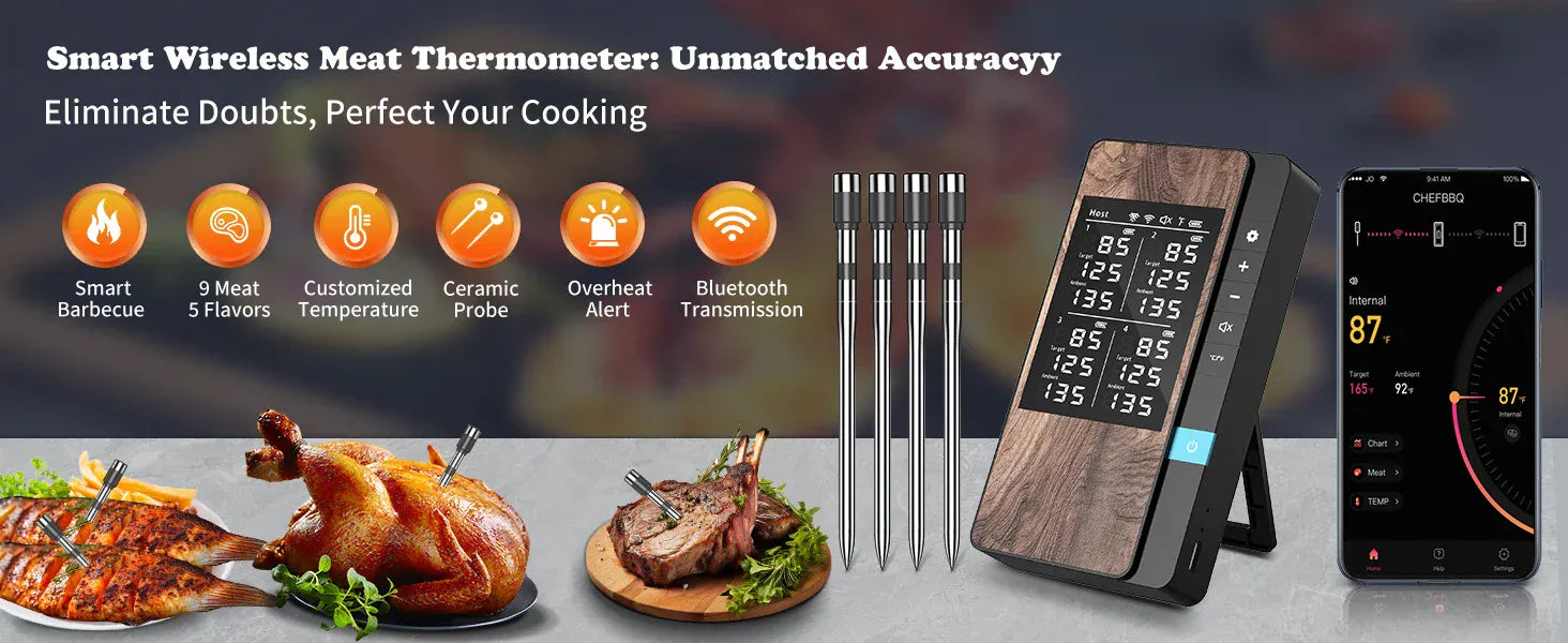 Smart wireless meat thermometer with displayed readings on a kitchen counter.