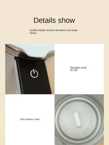 Product details with power symbol, double-click to stir text, and 304 stainless steel label on a beige background.