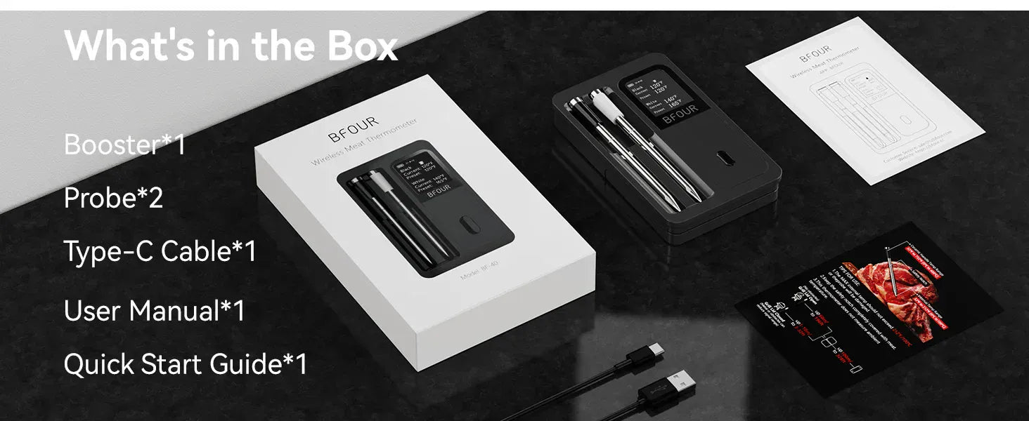 Product packaging with components listed on a dark surface