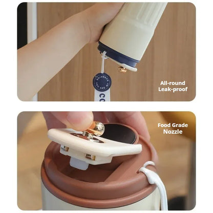 Close-up of a lid with a food-grade nozzle and all-round leak-proof feature on a wooden surface.