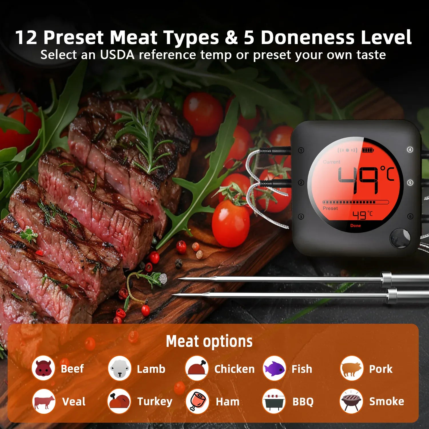 Digital meat thermometer with temperature display on a cutting board with sliced beef and vegetables.