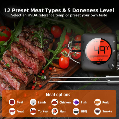 Digital meat thermometer with temperature display on a cutting board with sliced beef and vegetables.