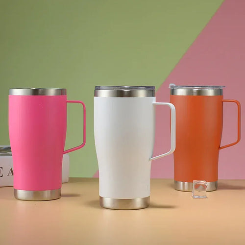 Three colorful insulated travel mugs on a gradient background