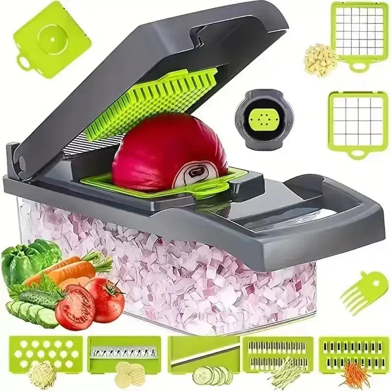 Multifunctional kitchen slicer with various attachments and chopped vegetables on a white background