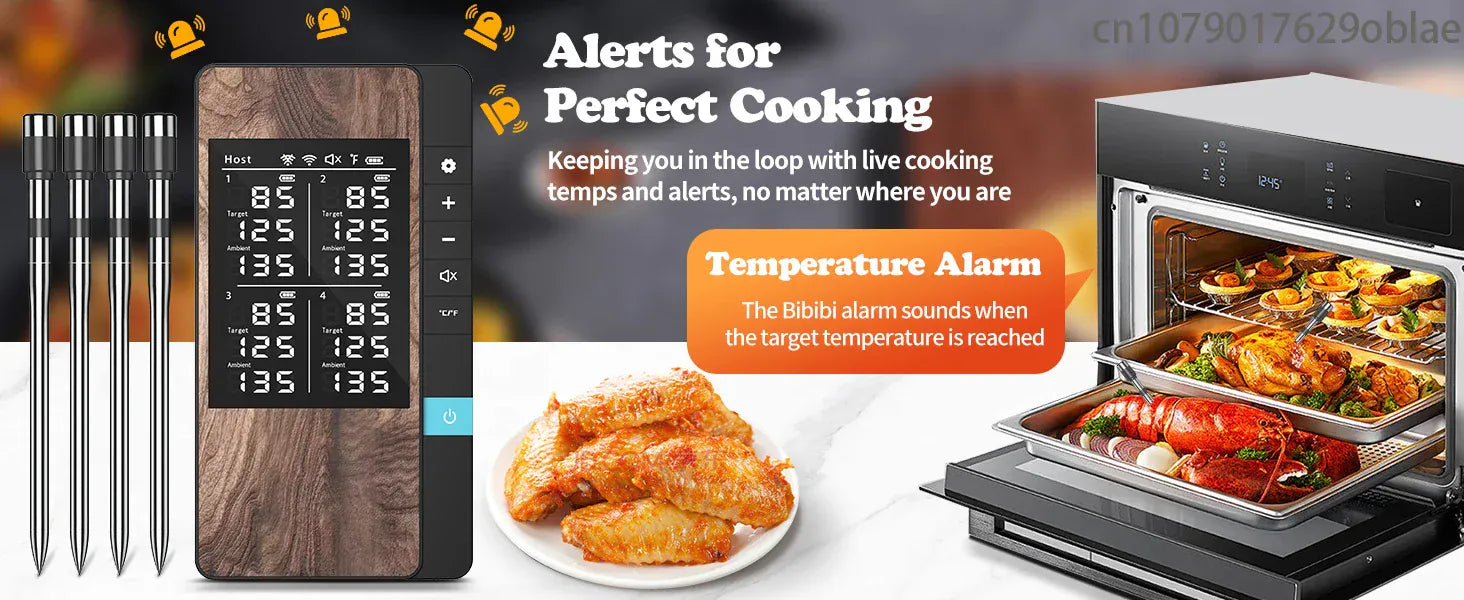 Digital thermometer with temperature display, food cooking in an oven, and text about cooking alerts.