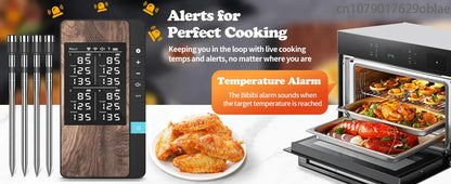 Digital thermometer with temperature display, food cooking in an oven, and text about cooking alerts.