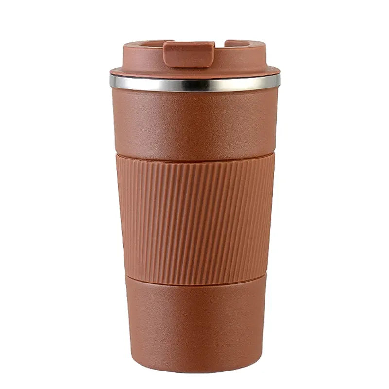 Brown travel mug with a ribbed texture on a white background